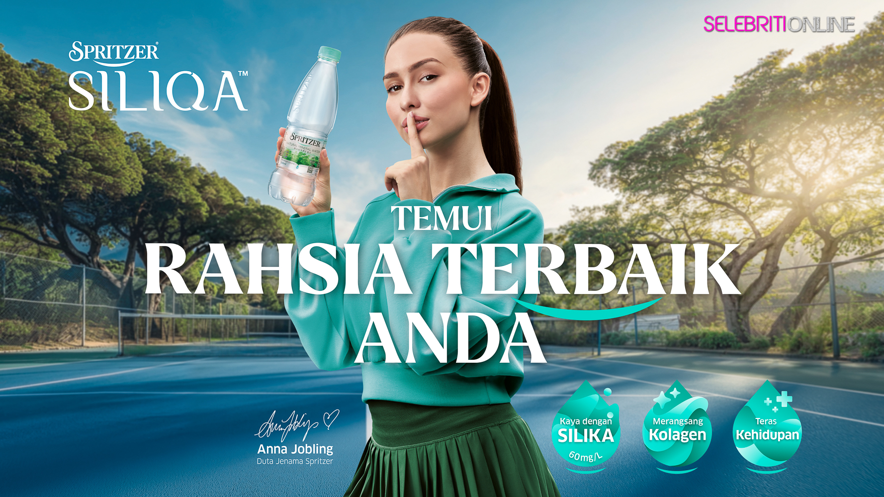 Anna Jobling dalam kempen Spritzer SILIQA – promosi air mineral silika untuk kulit sihat