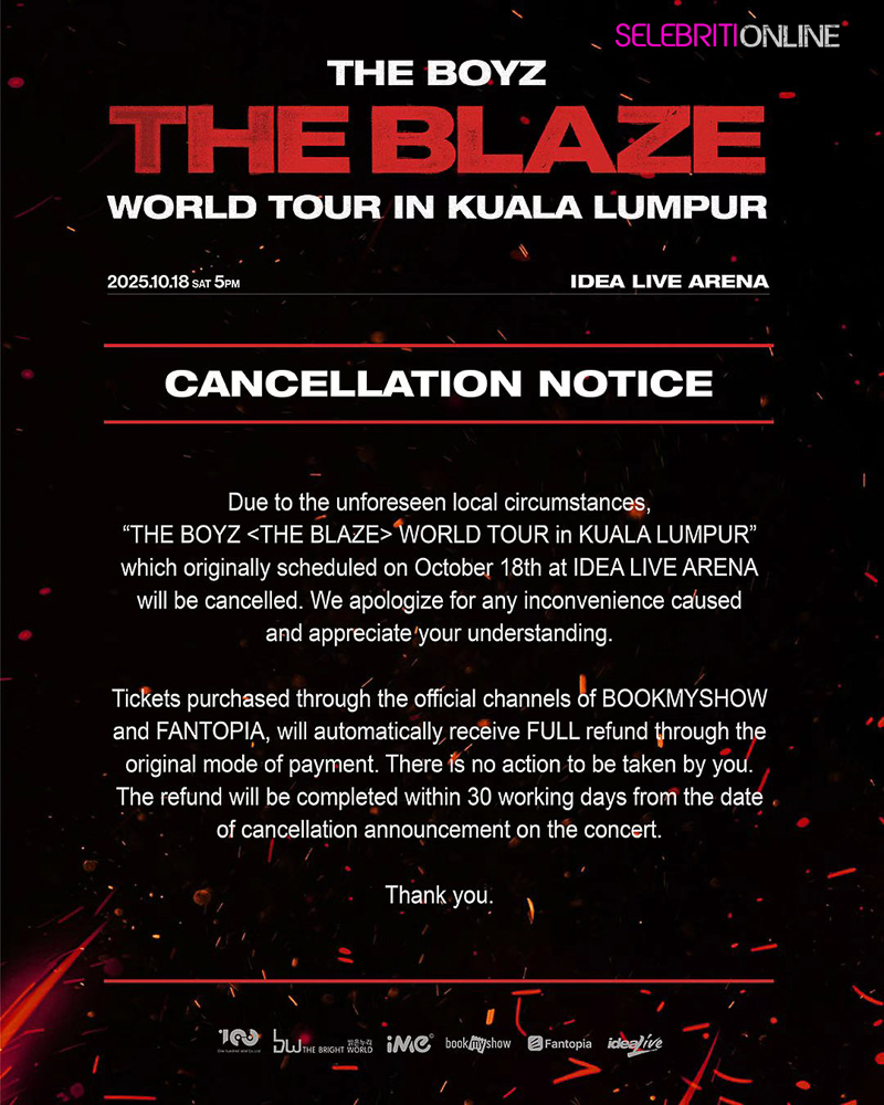 Notis rasmi pembatalan konsert THE BOYZ Kuala Lumpur 2025 oleh IME Productions