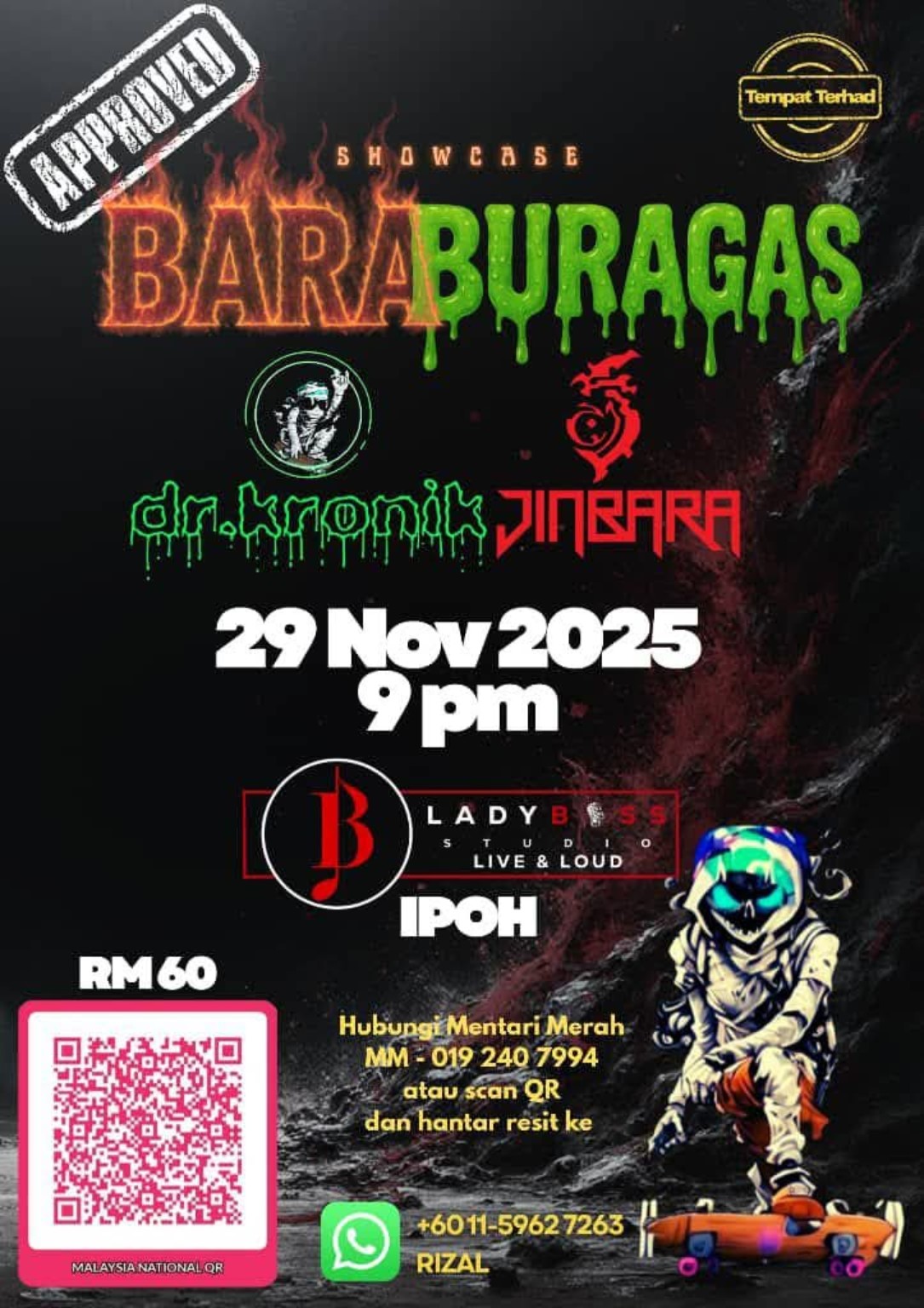 Poster rasmi Showcase BaraBuragas menampilkan Jinbara dan Dr. Kronik di Ladyboss Studio Ipoh pada 29 November 2025.