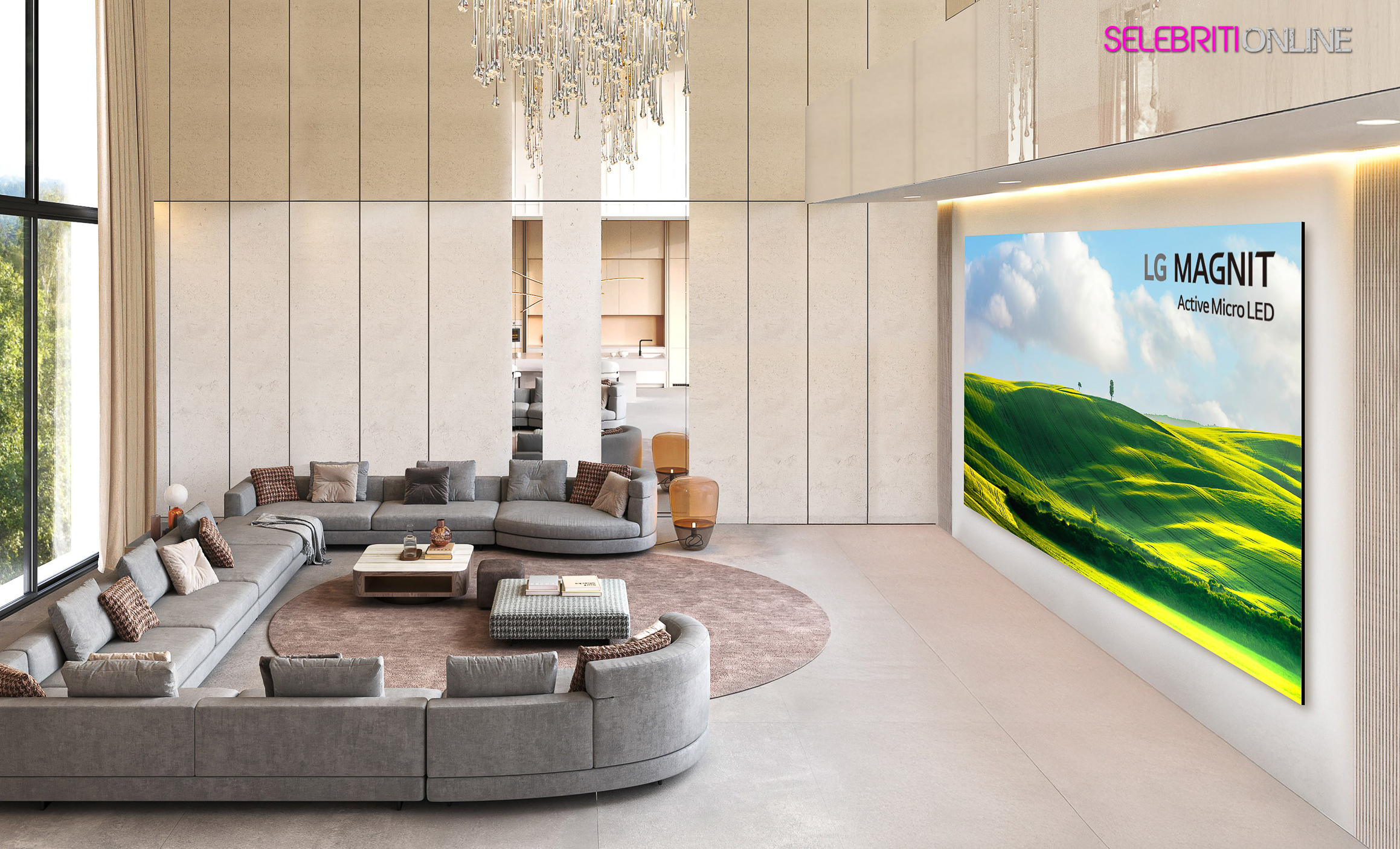 Paparan LG MAGNIT Active Micro LED 136 inci dengan visual 4K dan Dolby Vision dalam ruang tamu mewah.