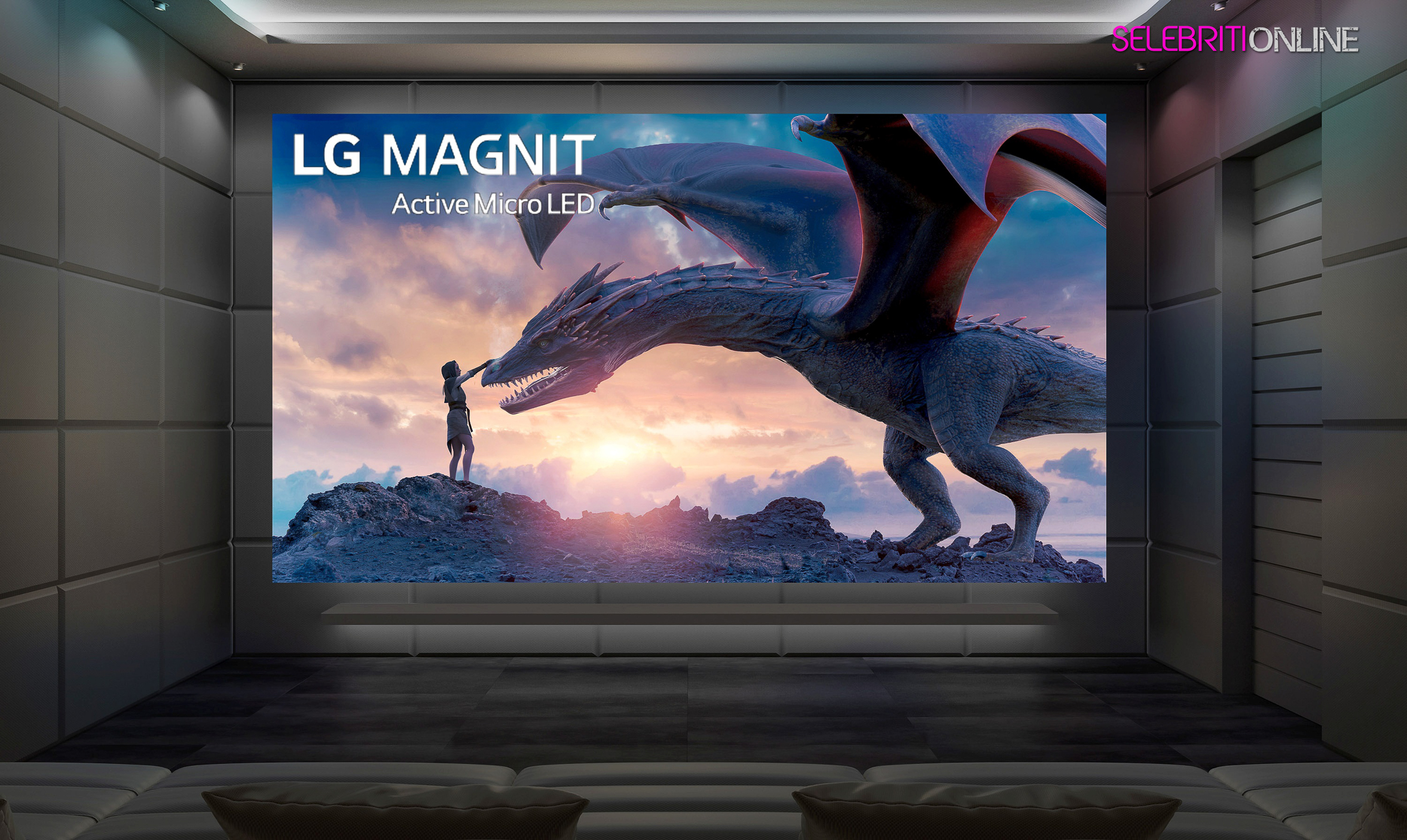 Paparan LG MAGNIT Active Micro LED 136 inci dengan visual 4K dan Dolby Vision dalam ruang tamu mewah.