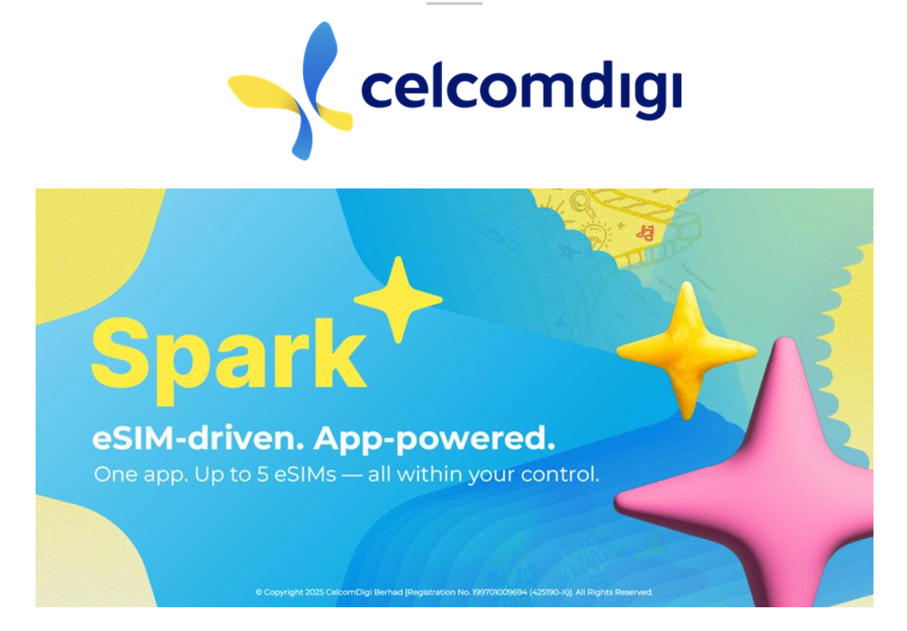 Telefon pintar memaparkan aplikasi Spark oleh CelcomDigi dengan tagline “eSIM-Only. All from the App.”