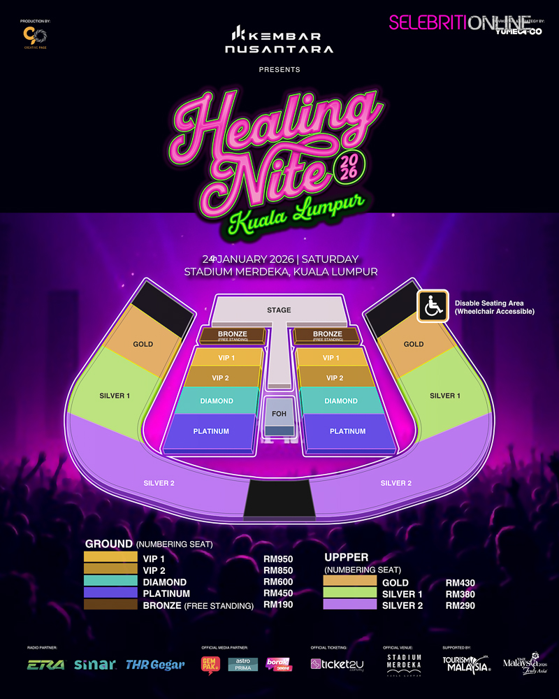 Healing Night 2026 menampilkan Ella, Anuar Zain, Dayang Nurfaizah, Kangen Band dan Lyodra di Stadium Merdeka.