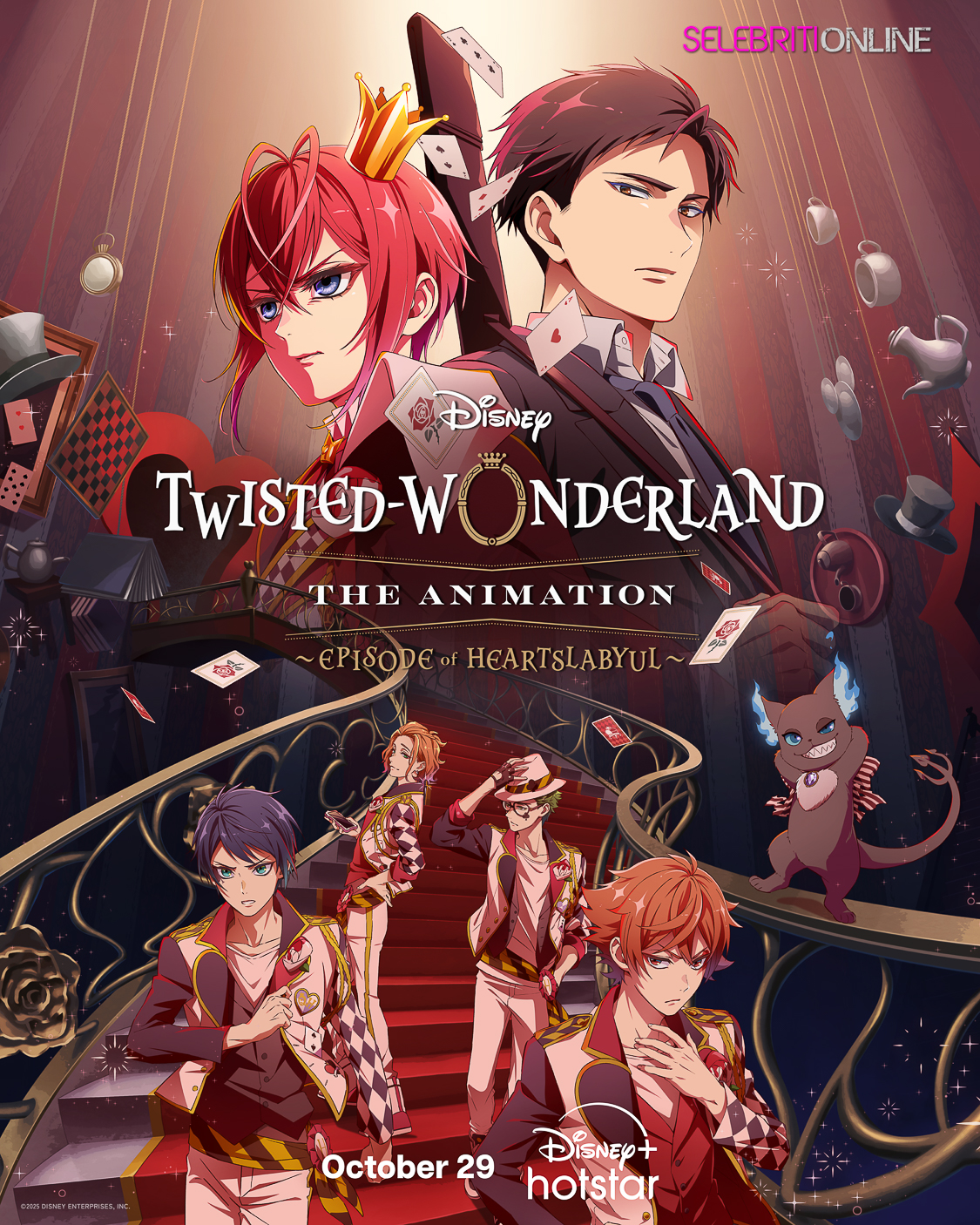 Poster Disney Twisted-Wonderland menampilkan Yuken Enma dan watak ikonik Disney dalam gaya anime.