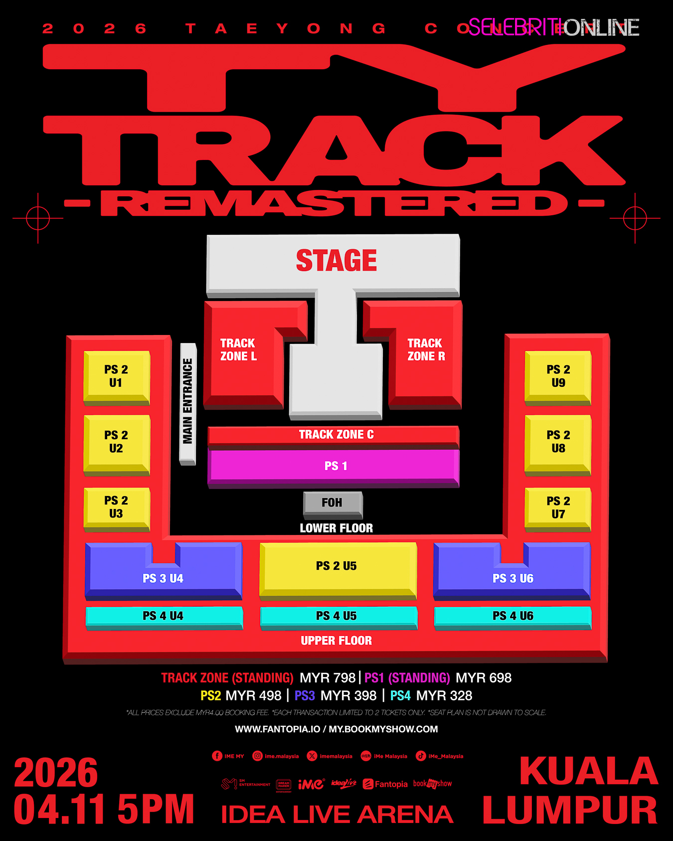 Peta zon dan harga tiket konsert Taeyong di IDEA LIVE ARENA bermula RM328 hingga RM798.