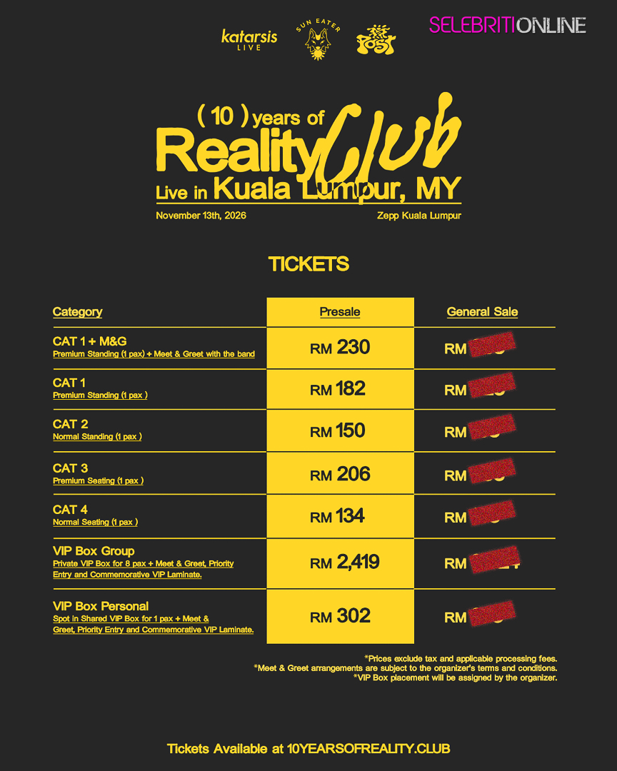 Reality Club bakal meraikan perjalanan 10 tahun menerusi konsert di Zepp Kuala Lumpur.